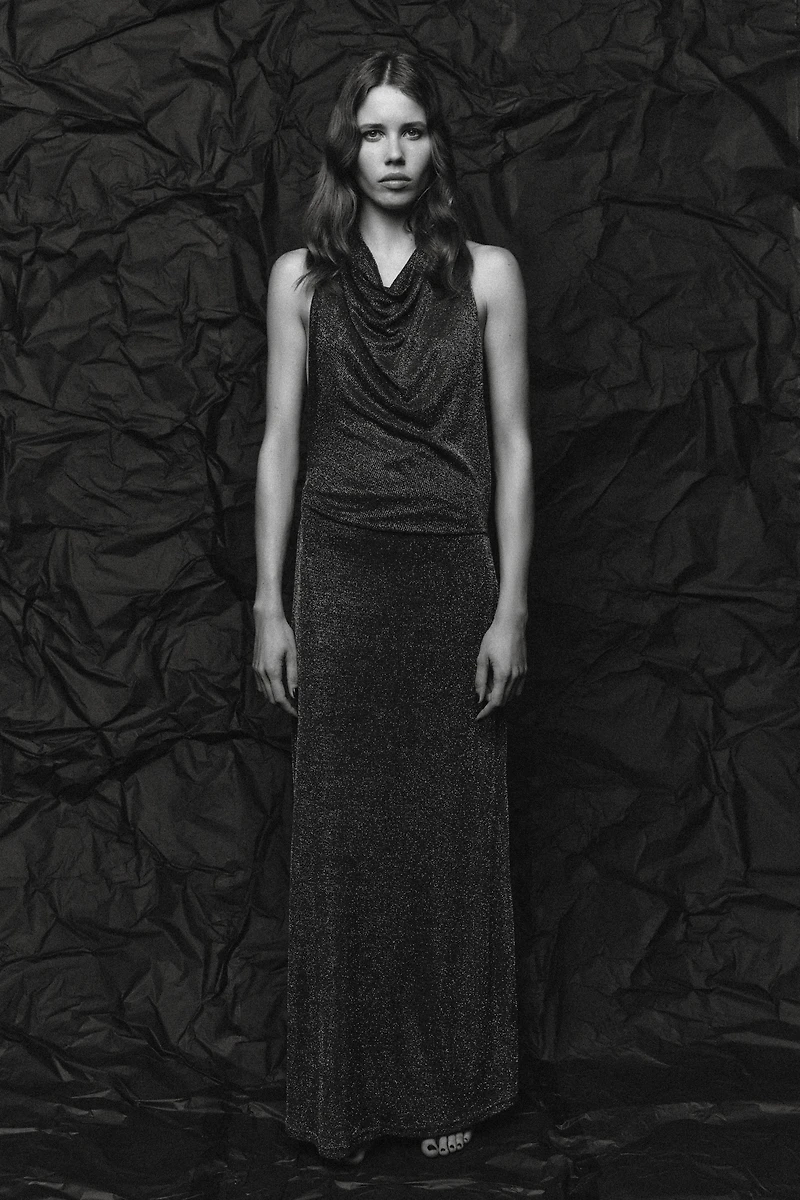 METALLIC THREAD OPEN BACK LONG DRESS