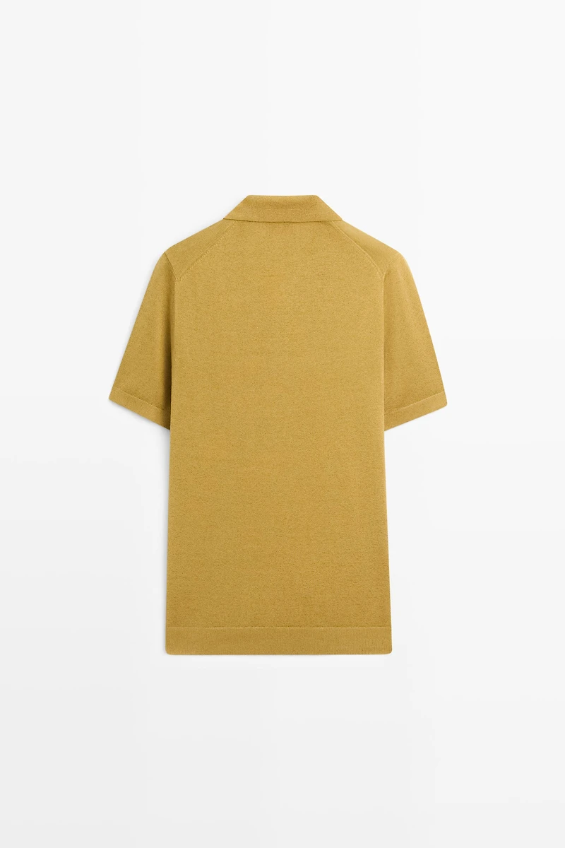 Short sleeve cotton and linen knit polo shirt