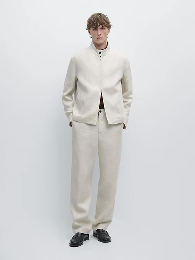 Short linen jacket with herringbone detail