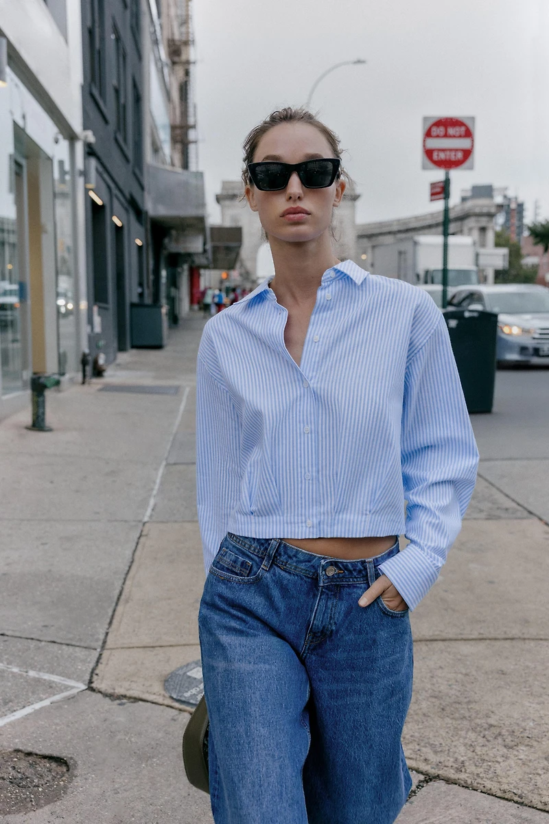 CROPPED STRIPED OXFORD SHIRT WITH WAIST PLEATS