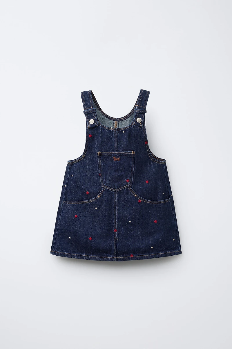EMBROIDERED HEART DENIM PINAFORE DRESS
