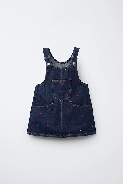 EMBROIDERED HEART DENIM PINAFORE DRESS
