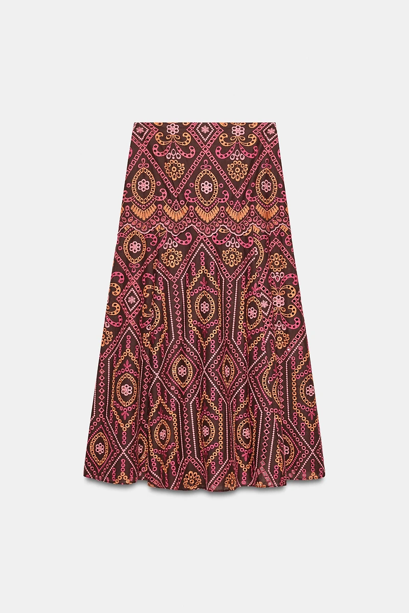 EMBROIDERED EYELET MIDI SKIRT
