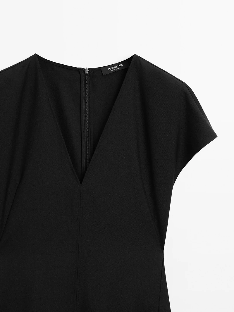 Long wool blend V-neck dress