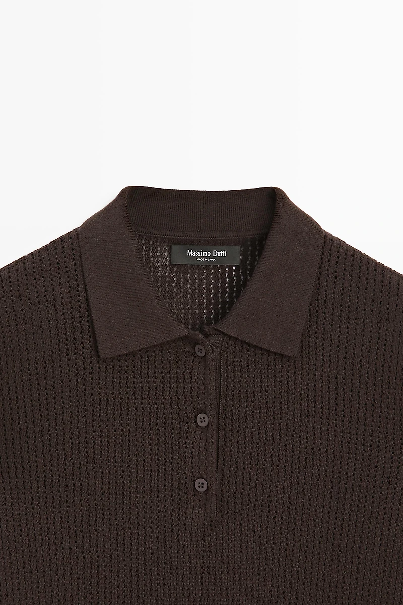 Cotton blend open-knit polo shirt