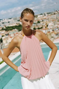 PLEATED BEADED HALTER TOP