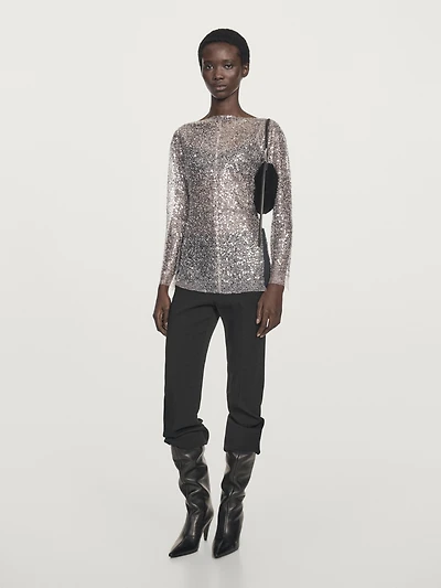 Sequinned blouse with cowl neck