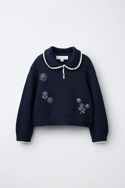 EMBROIDERED FLORAL PETER PAN COLLAR KNIT SWEATER