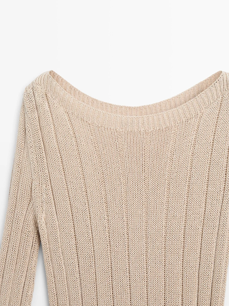Cotton blend knit boat neck sweater