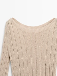 Cotton blend knit boat neck sweater