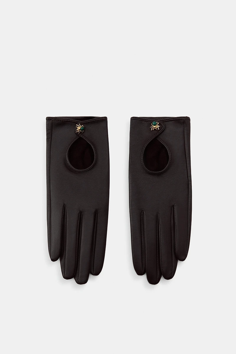 100% LEATHER SHORT GLOVES WITH SPIDER DETAIL