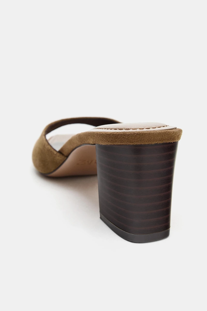 WIDE HEEL SPLIT LEATHER MULE SANDALS