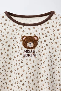 FLORAL ANIMAL FUZZY PATCH RIBBED T-SHIRT