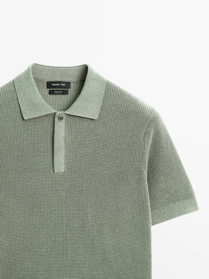 Textured cotton knit polo shirt