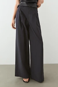 Cotton blend wide-leg pleated trousers
