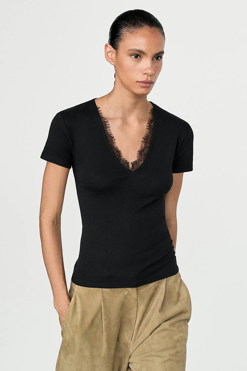 Lace-detail V-neck T-shirt