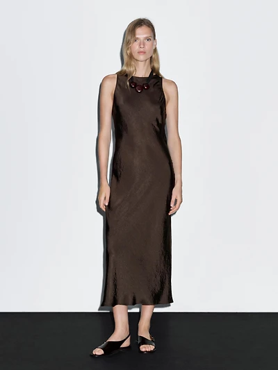 Long satin halter neck dress