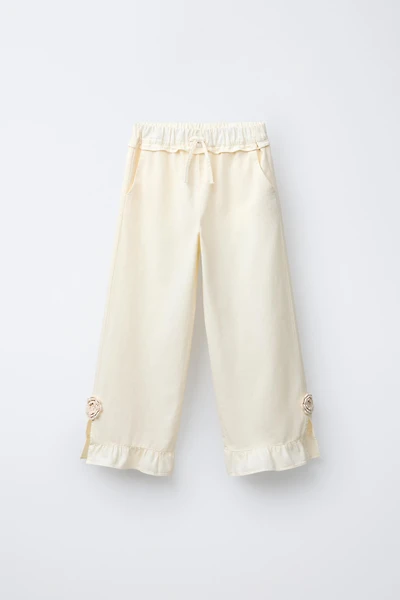 WIDE LEG PANTS WITH CROCHET FLOWER RUFFLES