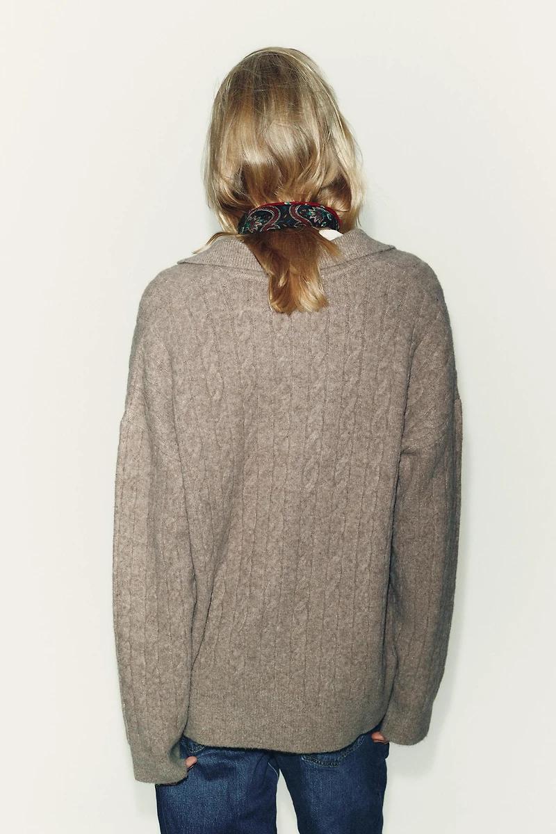 CABLE KNIT POLO SWEATER