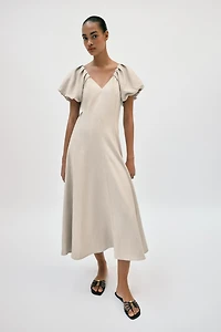 LINEN BLEND PUFF SLEEVE MIDI DRESS