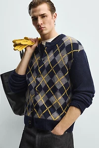 100% WOOL DIAMOND PATTERN CARDIGAN