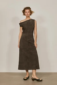 Suede leather midi dress with asymmetric neckline - LIMITED EDITION