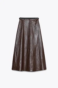 FAUX LEATHER BELTED MIDI SKIRT