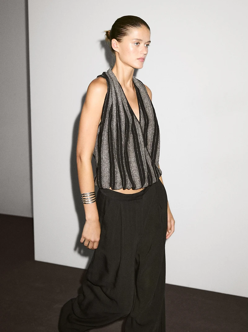 Linen blend knit crossover halter top