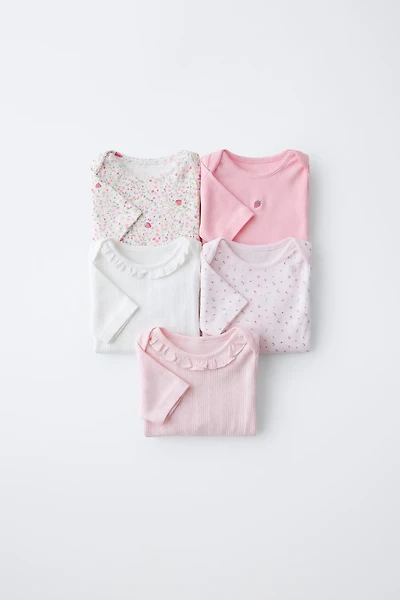 FIVE-PACK SHORT SLEEVE FLORAL & STRAWBERRY BODYSUITS