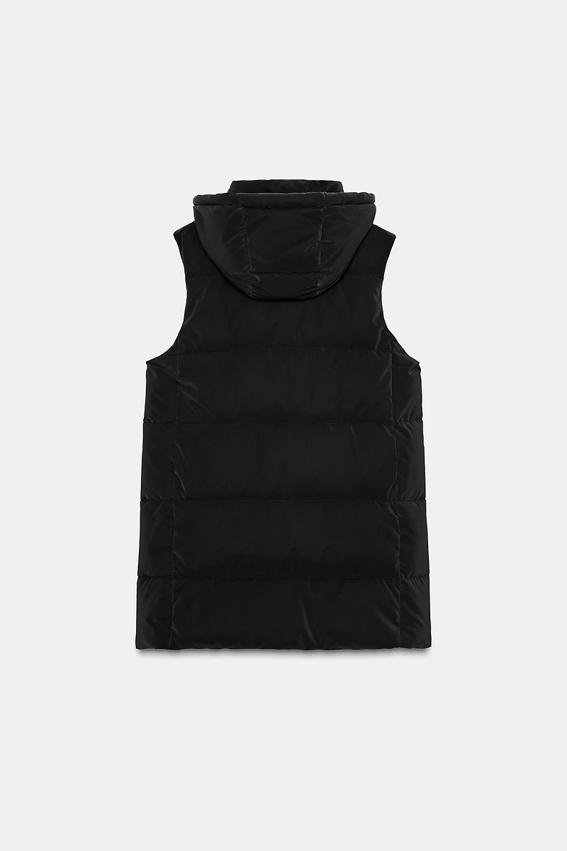 GILET LONG MATELASSÉ À CAPUCHE