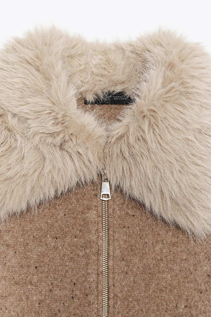 100% WOOL FAUX FUR LAPEL JACKET