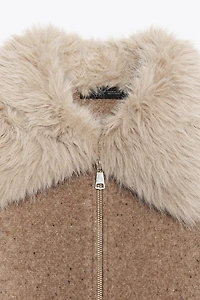 100% WOOL FAUX FUR LAPEL JACKET