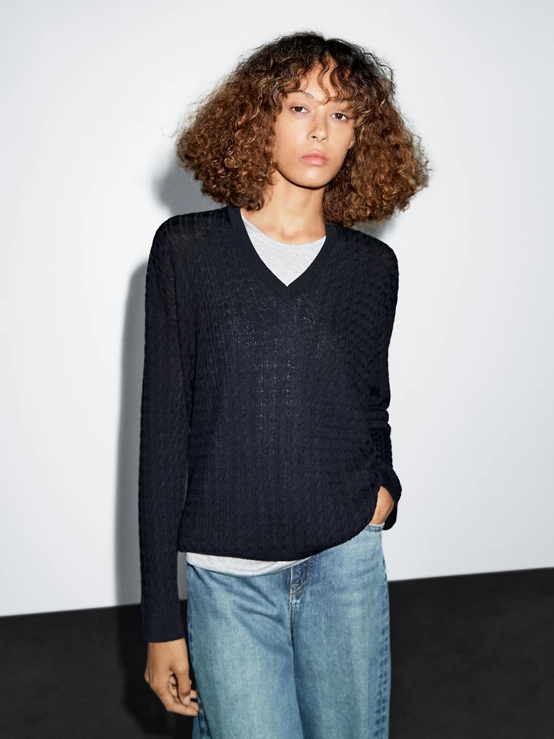 V-neck cable-knit sweater