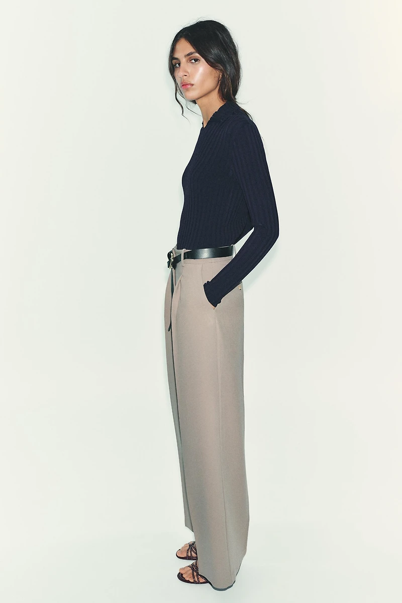 STRAIGHT LEG PLEATED BELTED PANTS