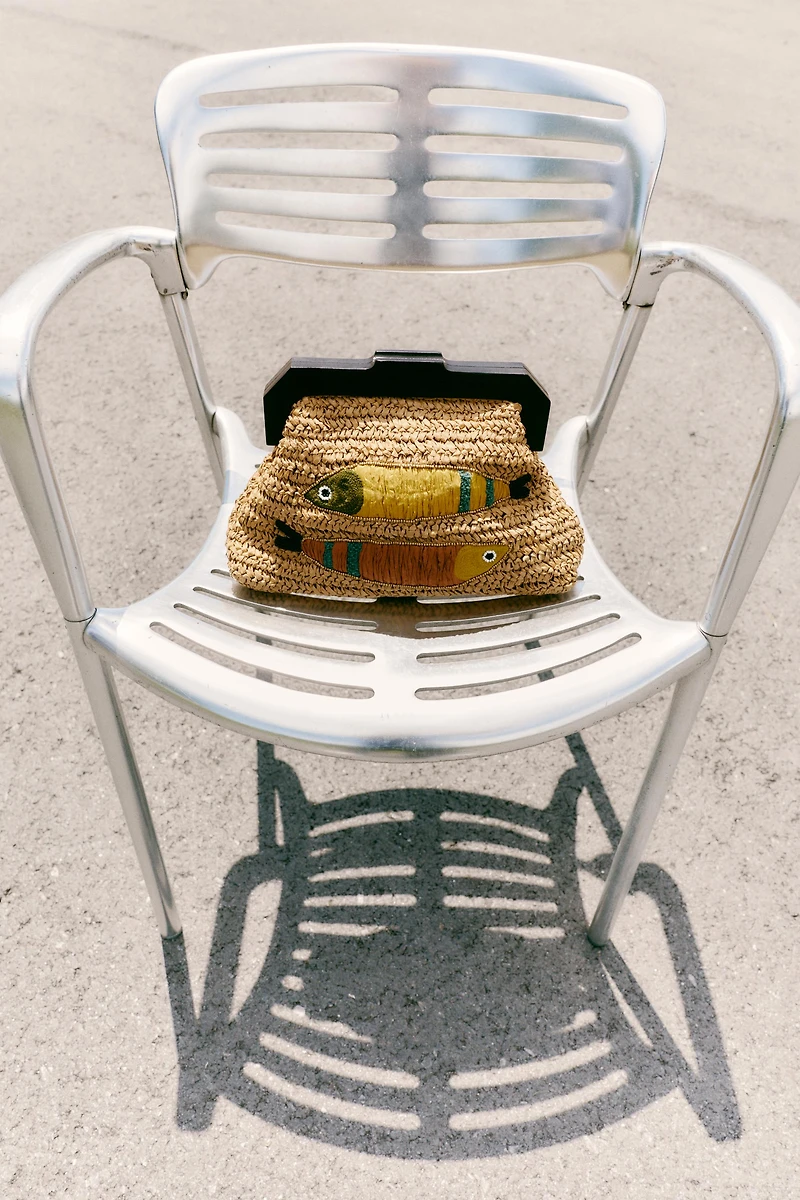 RAFFIA BAG WITH EMBROIDERED FISH