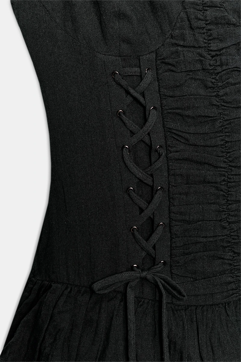LACE-UP RUFFLE MINI DRESS