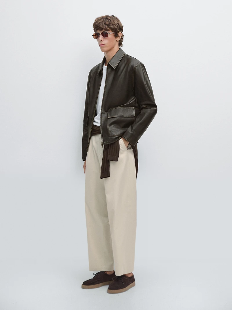 Distressed effect short nappa leather jacket