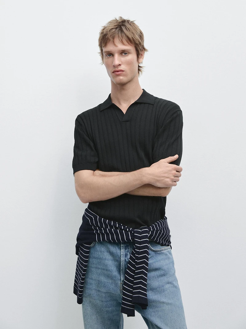 Pull polo en maille tressée