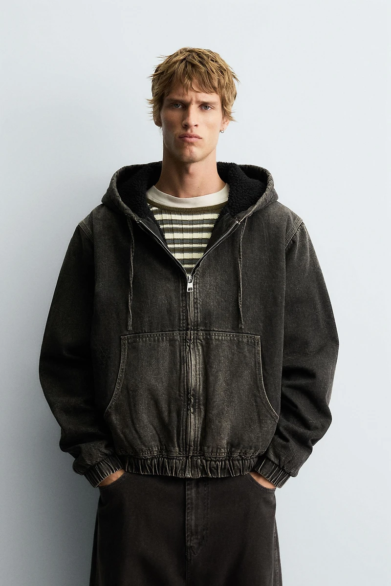 FLEECE LINED DENIM JACKET WITH HOODIE