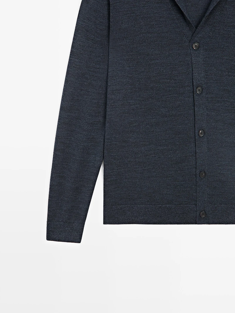 Wool knit cardigan with lapel collar