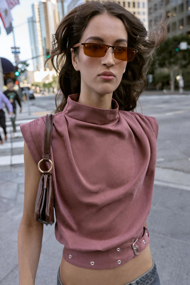 FAUX SUEDE BUCKLE TOP