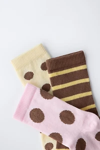 THREE-PACK OF LONG STRIPED AND POLKA DOT SOCKS