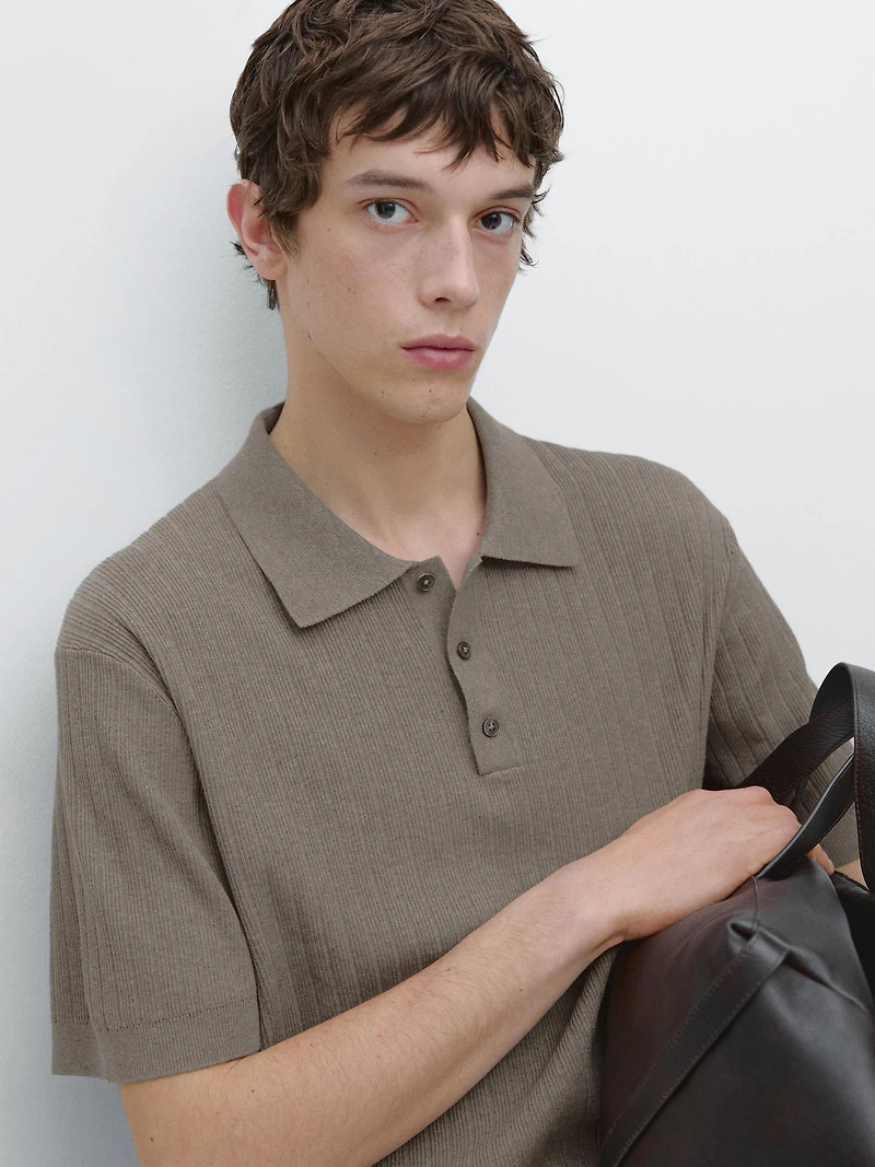 Ribbed knit cotton polo shirt