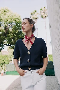 STAR BUTTON TEXTURED KNIT CARDIGAN
