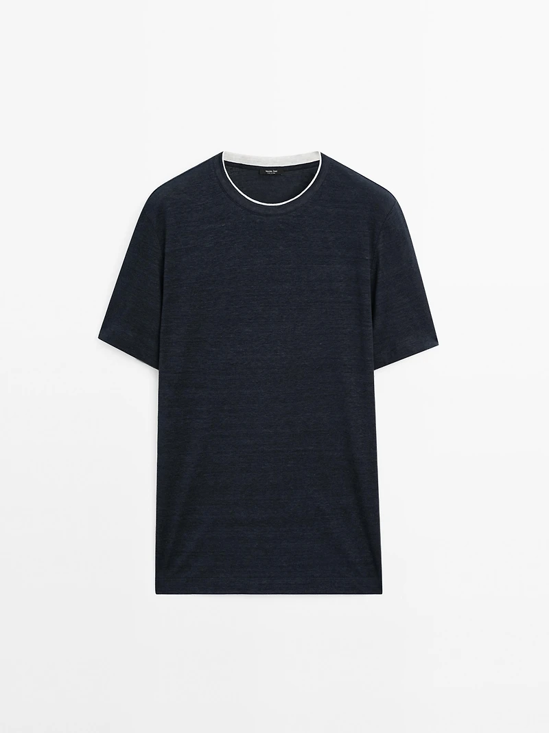 Linen blend contrast knit T-shirt