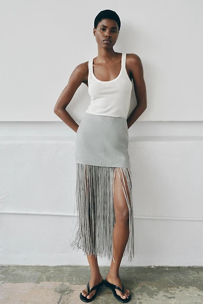 FRINGED LINEN MINI SKIRT