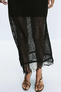 FRINGED STRAPLESS MIDI DRESS