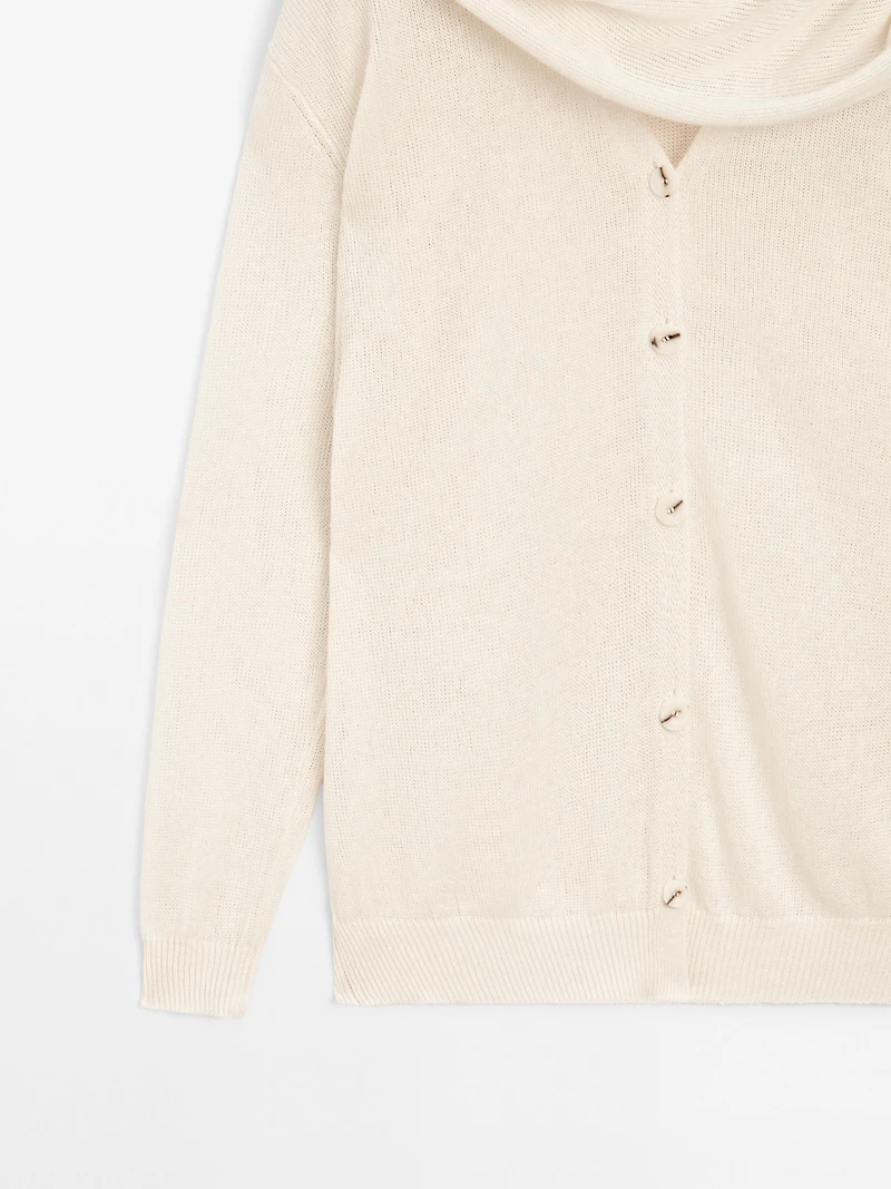 Linen blend knit cardigan with scarf
