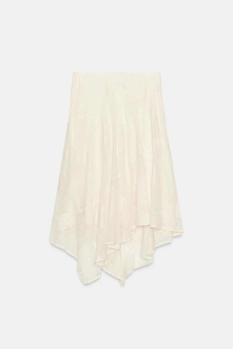 ASYMMETRIC LACE MIDI SKIRT