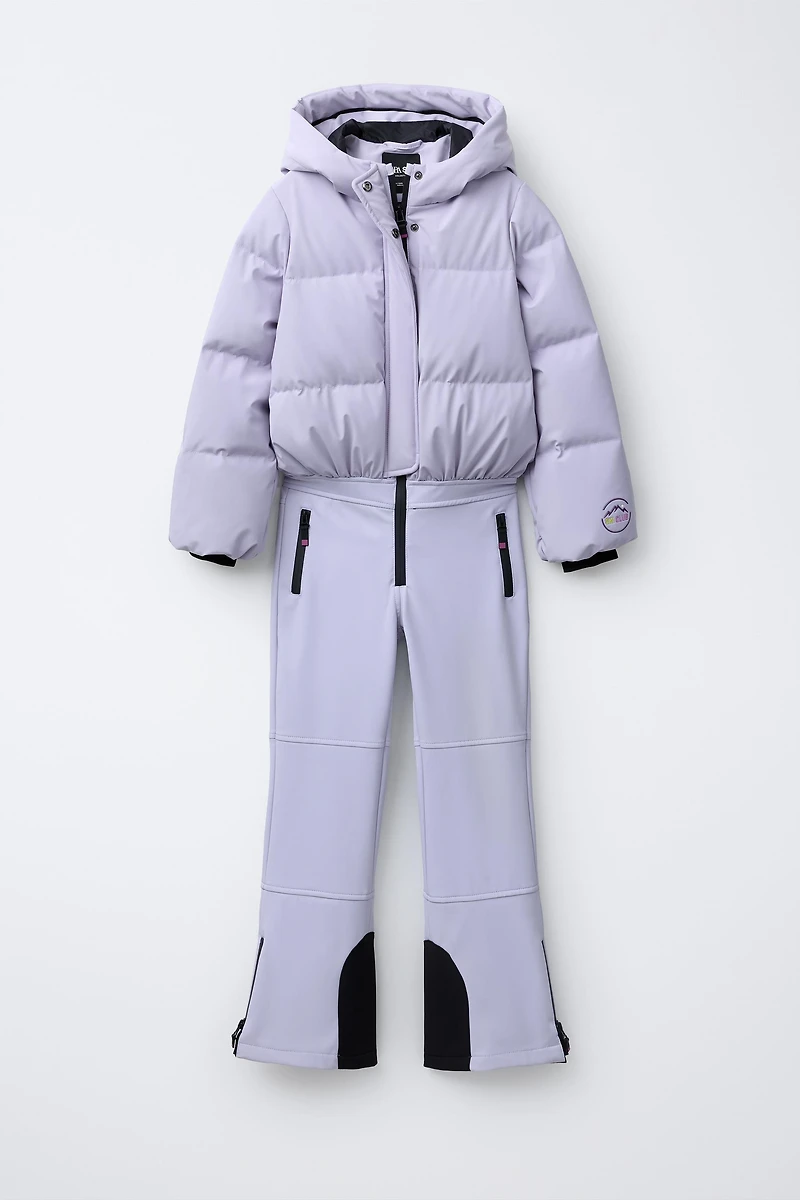 WINDPROOF AND WATER RESISTANT RECCO® SYSTEM SKI COLLECTION REMOVABLE HOODIE DOWN JUMPSUIT